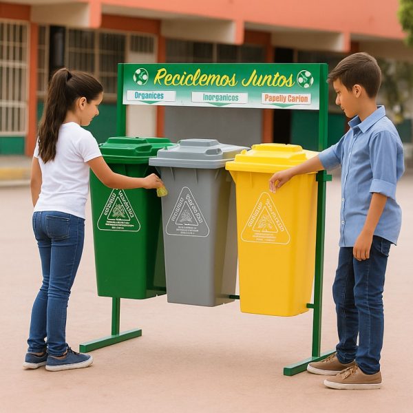 Two children are standing next to a trash can.