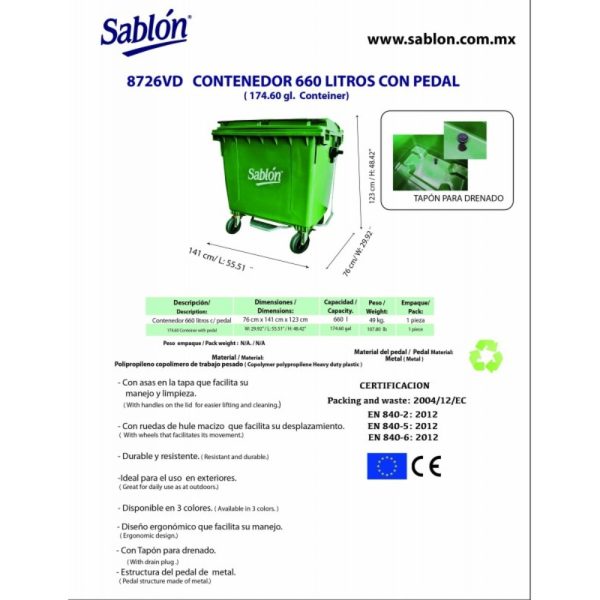CONTENEDOR 660 LITROS SIN Y CON PEDAL